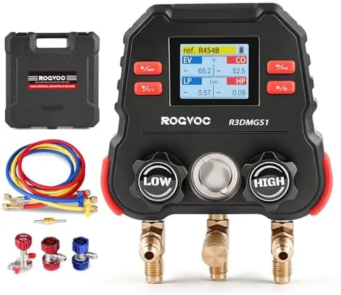 rogvoc hvac digital manifold gauge 3 way portable refrigerant recharge kit